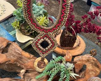 Tribal ceremonial necklace, woven rope, red beads and papua shells