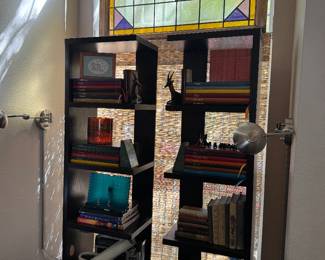 Book cases, stain glass, books
