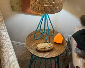 Turquoise wire based table, turquoise wire lamp with basket shade