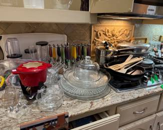 Vintage red fondue set, silverware, dishes