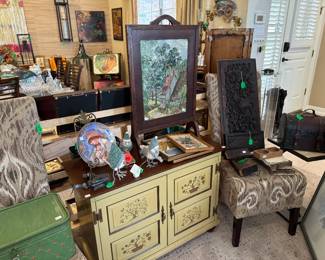 Needle point, painted cabinet, vintage green bread box,