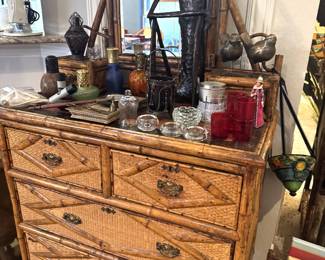 Bamboo chest, metal scuplture,