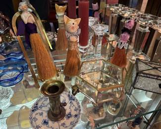 Vintage Clothing Brushes, Glass boxes, Crystal Candle sticks