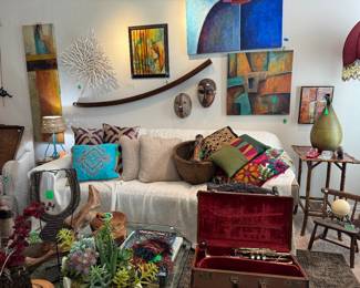 Original Artwork, Banboo Table, Childs Chair, Vintage Horn Collection of Pillows,