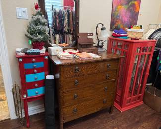 Red Turquoise jewelry case, antique oak dresser, red window cabinet