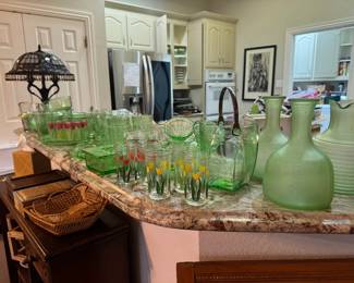 Huge selection of green depression glass