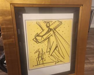 Salvador Dalí — “Christ” | Asking $3,900 Striking framed lithograph attributed to Salvador Dalí, titled “Christ,” from The Twelve Apostles / Knights of the Round Table suite. Features a vivid yellow background, gold accents, and a substantial gold-toned frame. Accompanied by a certificate from The Great Dane Collection identifying the work as edition 166/350, hand-signed in pencil, with authentication by Bruce Hochman noted on the reverse. These details are stated in the accompanying documentation