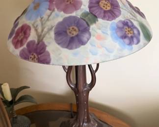 vintage reverse-painted floral table lamp in the style of Dale Tiffany