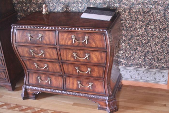 Exquisite mahogany bombe chest of drawers made by Theodore Alexander - from the Althorp Living History Collection - the original George III, circa 1770.