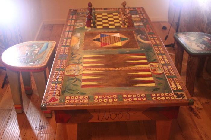 Sticks Furniture (Sarah Grant) - handmade and handpainted wooden game table...cats vs. dogs chess pieces, chinese checkers, backgammon, cribbage...it is in like new condition.