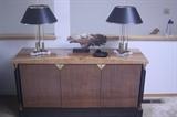Exquisite mid-century inspired cabinet - custom handmade.  Two Bauer lamps and horse head sculpture.