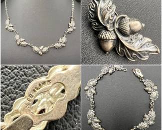 (3) Sterling Silver Repoussé Acorn Necklace, Brooch, & Bracelet