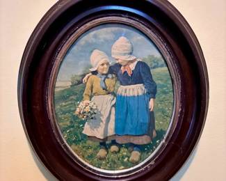 Oval Wood-Framed Dutch Children Folk Art