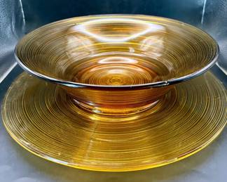 Amber Ribbed Glass Large Bowl & Plate