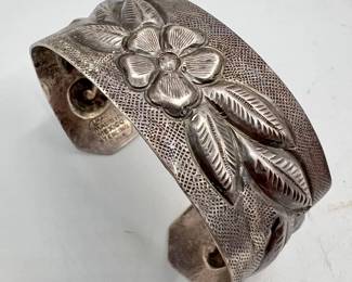 .925 Sterling Silver Floral Relief Cuff Bracelet