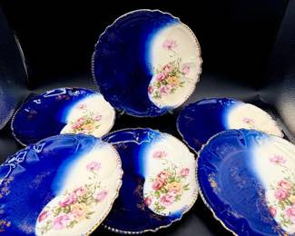 (6) Antique Porcelain Cabinet Plates With Cobalt Gradient