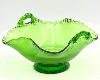 Emerald Green Handled Vintage Glass Bowl