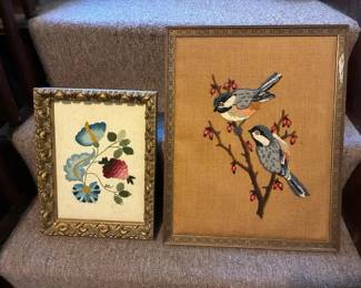 (2) Vintage Framed Embroidered Nature Artworks