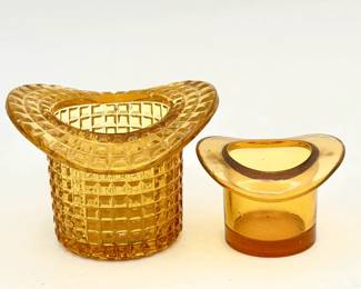 (2) Amber Glass Vintage Tophat Toothpick Holders