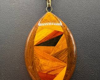 1979 Handcrafted Geometric Mosaic Wood Inlay Pendant Necklace