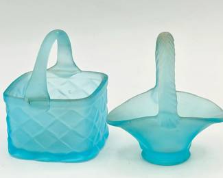 (2) Sky Satin Blue Glass Baskets Feat Tiffin