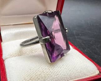 Sterling Silver Ring with Large Faceted Purple Solitaire — Size 6 1/2