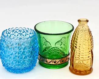 (3) Small Vintage Glass Containers Wheaton glass vintage miniature amber glass Old Doc's corn cob bitters bottle US glass company lacy medallion EAPG Vintage emerald green toothpick holder LE smith daisy & buttons vintage toothpick holder