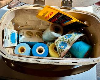 Basket of Vintage Sewing Thread and Notions