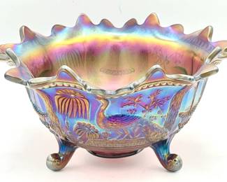 1908-1920 Antique Northwood "Peacock at the Fountain" Carnival Glass Footed Bowl