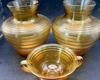 Amber Ribbed Glass (2) Vases (1) Bowl