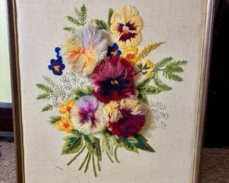 1970s Embroidered Bouquet with Fluffy Flowers in Wooden Frame