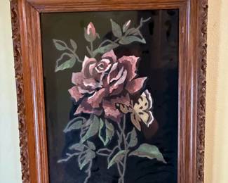 Rose and Butterfly Painting in Hand-Carved Wood Frame