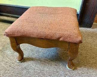 Padded Vintage Wooden Footstool with Curved Cabriole Legs