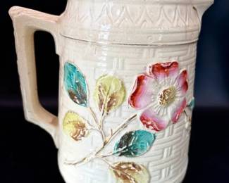 Antique Majolica Style Floral & Basketweave Pitcher