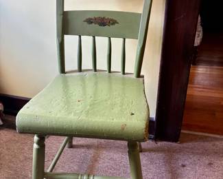 Antique Painted Wooden Side Chair with Hand-Painted Stencils