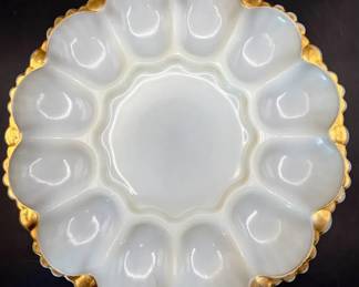 10” Milk Glass Egg Plate w/ Golden Trim