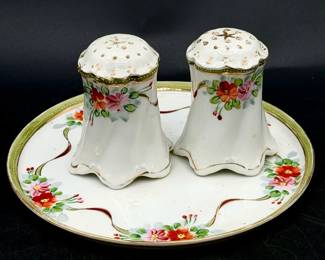 Hand Painted Nippon Salt & Pepper Shakers With Underplate