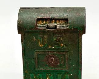 Vintage Cast Iron Mail Box Bank With Coins