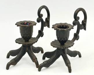 (2) Cast Iron Vintage Bird Claw Candle Holders