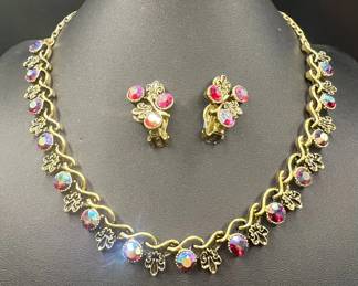 Aurora Borealis Rhinestone MCM Vintage Fleur de Lis Necklace & Earring Set
