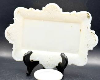 Antique Victorian & Vintage Anchor Hocking Milk Glass Dishes vintage Anchor Hocking Old Colony Open Lace white milk glass pedestal dish antique Victorian milk glass pin tray or vanity dish