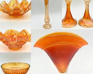 (7) Marigold Carnival Glass Dishes
