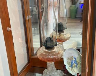Oil lamp and wooden display cabinet 