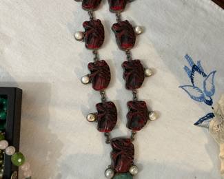 Japanese carved necklace with sterling silver and pearls  