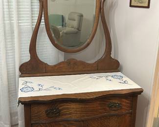 Antique Oak Princess style dresser with large oval swivel mirror