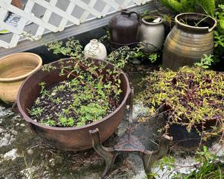 Crock jugs and metal planter