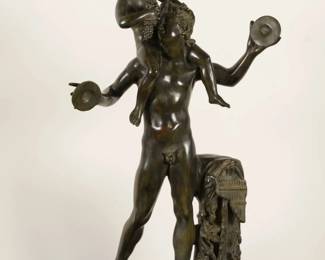 LOT 27 – Italian late 19c. Bronze, “Dancing Faun with Infant Bacchus”. Italian late 19c. patinated bronze of a dancing faun with the infant Bacchus, on a marble base. Made after the original was discovered in the Roman Forum, (and now in the Naples Archeology Museum). - Made at the Chiurazzi Foundry in Naples, Italy. Acquired in Positano, Italy, in 2002.