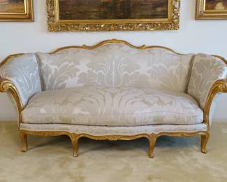 LOT 11 – French 18th c. Louis XV Style Canape Sofa. A hand-carved giltwood canape in the French 18th c. Louis XV style, after an original by Francois Reuze, upholstered in silk damask. Commissioned from NYC artisans.