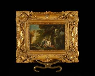 LOT 47 – French 19c. Painting, by famous oil painter, Louis Hector Allemand. A French 19th c. original oil on canvas painting of female bathers in a lush, wooded landscape with a large stone urn, in a carved and beautifully gilded rococo frame.