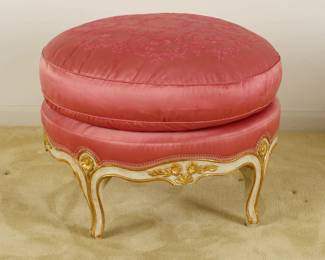 LOT 17 – French 18th c. Louis XV Style, Silk Footstool. A 20th c. gorgeous replica of a footstool in the French 18th c. Louis XV style, with carved, painted and gilded wood, with hand-embroidered silk upholstery, in a stunning salmon color. On all levels, an exquisite replica acquired in NYC in 2000.